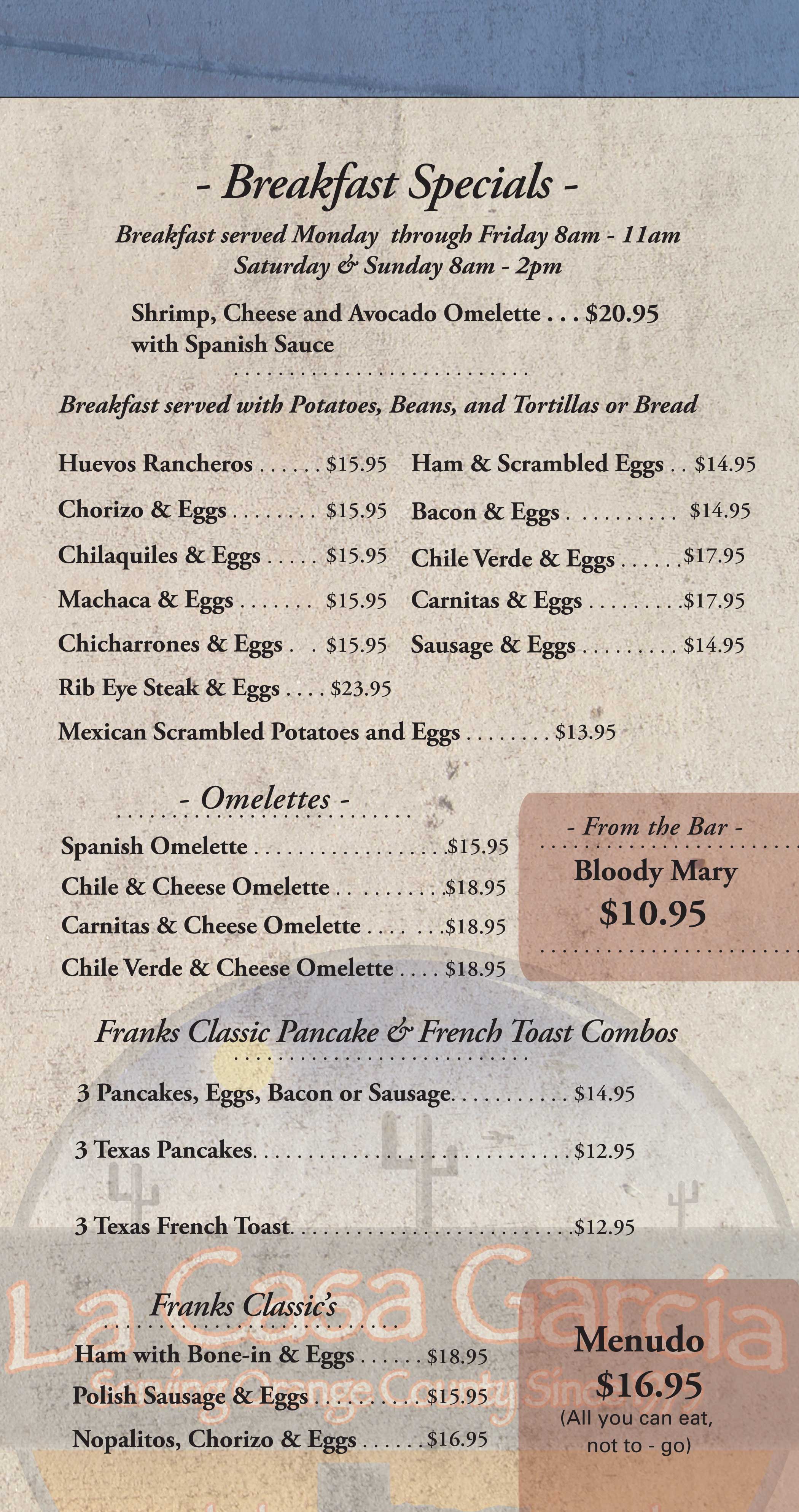 La Casa Garcia Breakfast Menu